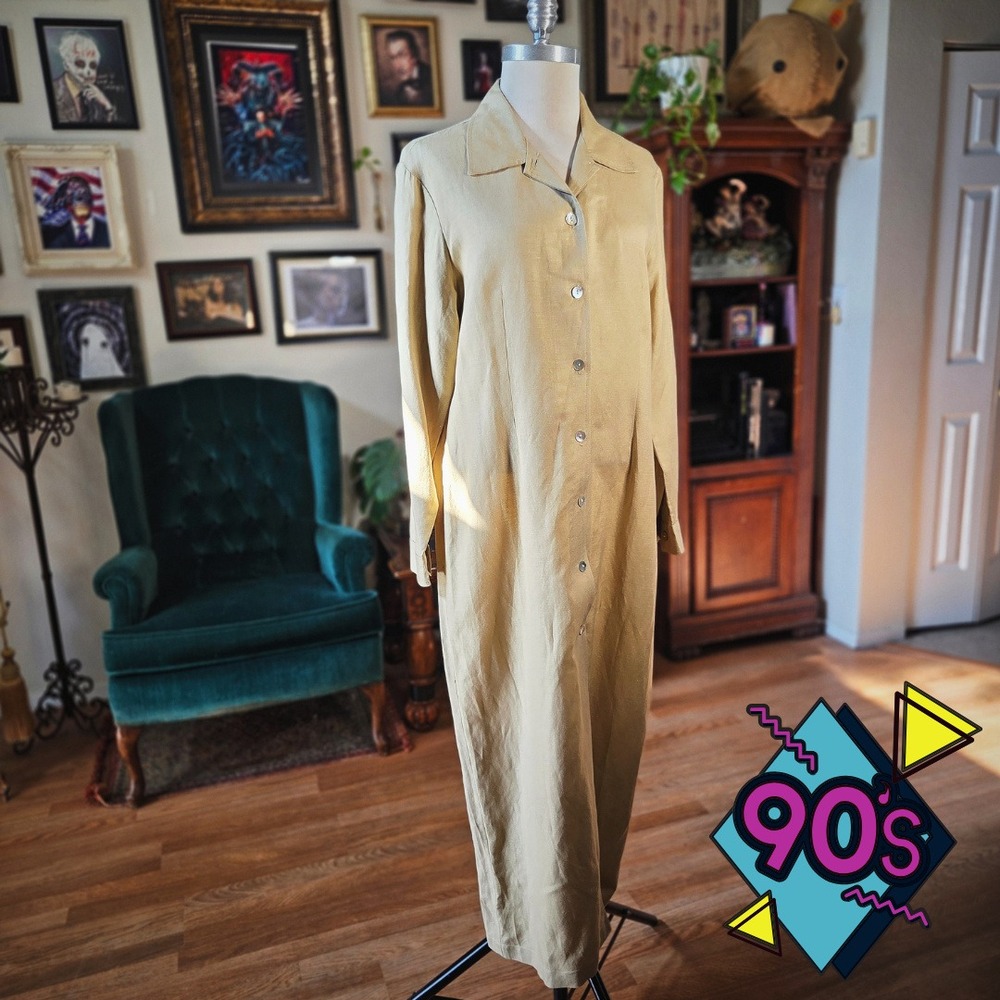 Styleworks Maxi Dress‎ Vintage 90s Tan Linen Rayon Button Front Long Sleeve 12